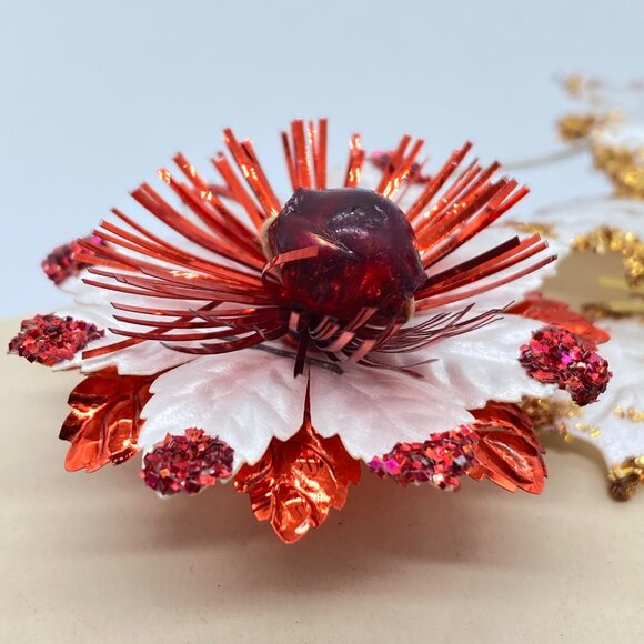 Vintage Christmas Decorative Picks Gold Birds Glittered Flowers Japan Set Of 5 - Picture 8 of 11